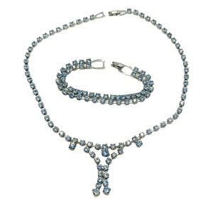 Light Blue Glass Rhinestone Silver Tone Art Deco Style Necklace Bracelet Set